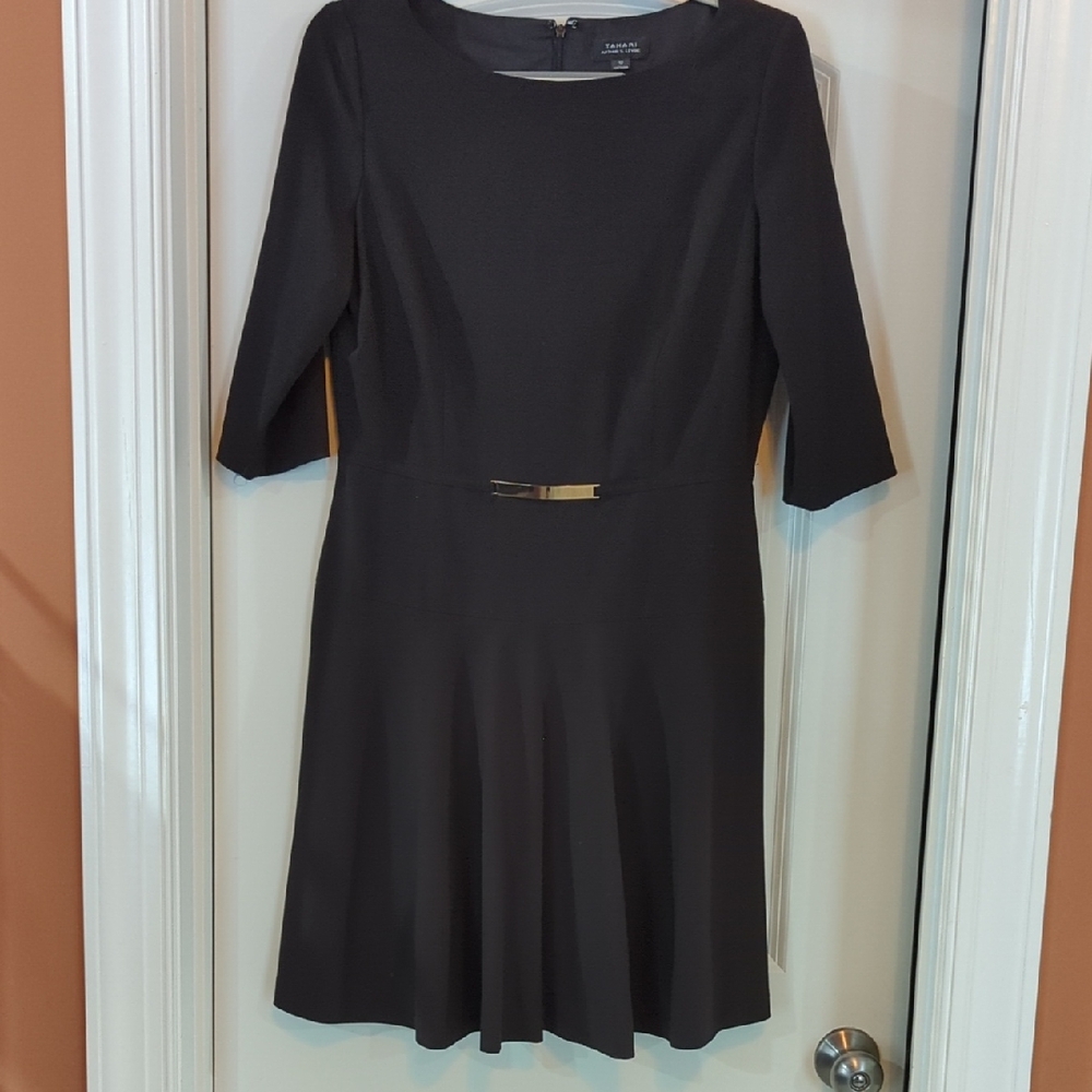 Elegant Long 3/4 Sleeve Black Dress with Gold Detail Size 10